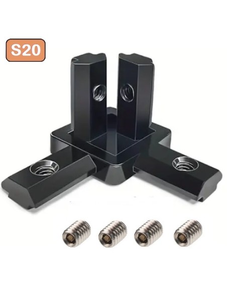 Kit conector de esquina 3 vías color negro para perfiles aluminio 2020