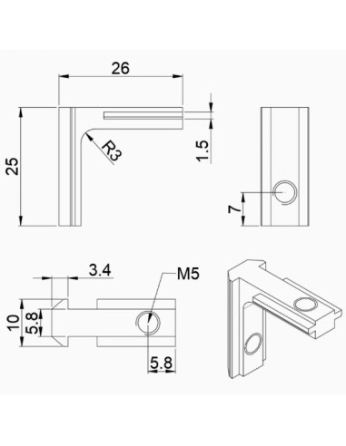 Conector interno 90 grados negro para perfiles aluminio S20 2020 2040