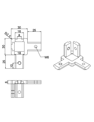 Kit conector de esquina interno de 3 vías para perfil negro 3030