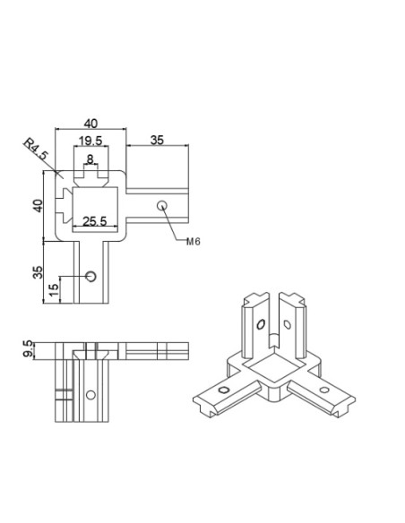 Kit conector de esquina interno de 3 vías para perfil negro 4040