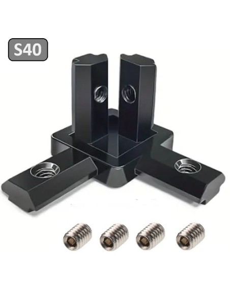 Kit conector de esquina interno de 3 vías para perfil negro 4040