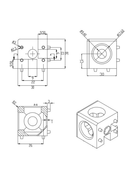 Kit cubo conector de esquina NEGRO para perfiles aluminio 3030