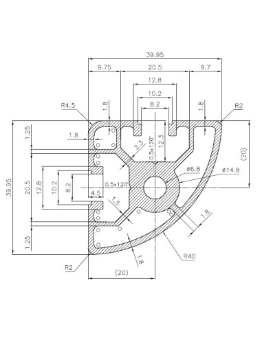 Perfil modular 4040R CURVO Aluminio 6063 T6 anodizado plata, R8 mm