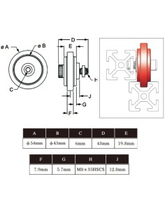 Rueda nylon con rodamiento para perfiles aluminio modular - ranura 8 2