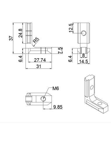Conector interno 90 grados para perfiles aluminio 3030 3060 3090 6060