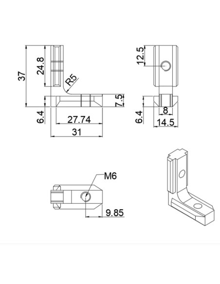 Conector interno 90 grados para perfiles aluminio 3030 3060 3090 6060