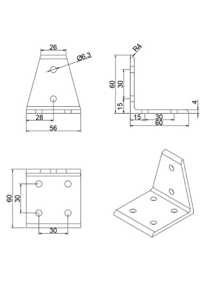 Escuadra de perfil bajo para transición entre perfiles 3060 y 3030