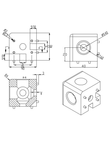 Kit cubo conector de esquina - 3 vías - para perfiles aluminio 4040