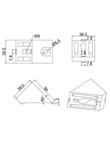 Conector fijo 45º grados para unión de perfiles de aluminio 4040 modulares