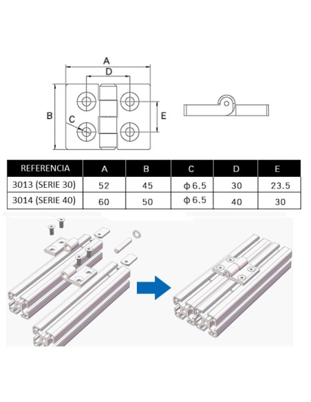 Bisagra nylon para perfiles ranurados (modulares) aluminio 3030 4040