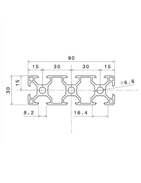 Perfil 3090 Aluminio 6063 T6 anodizado PLATA, ranura 8mm