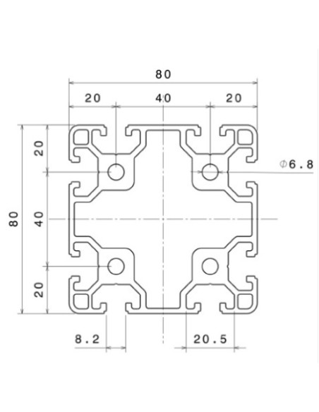 Perfil 8080 Aluminio 6063 T6 anodizado PLATA, ranura 8mm