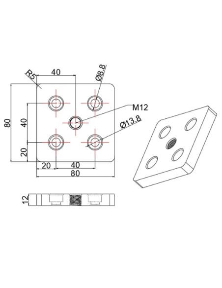 Placa base aluminio perfiles modulares 8080 - roscado central M12