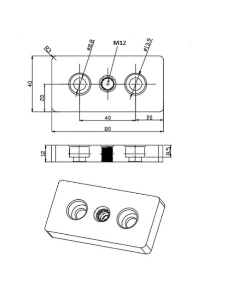 Placa base aluminio perfiles 4080 - roscado central M12