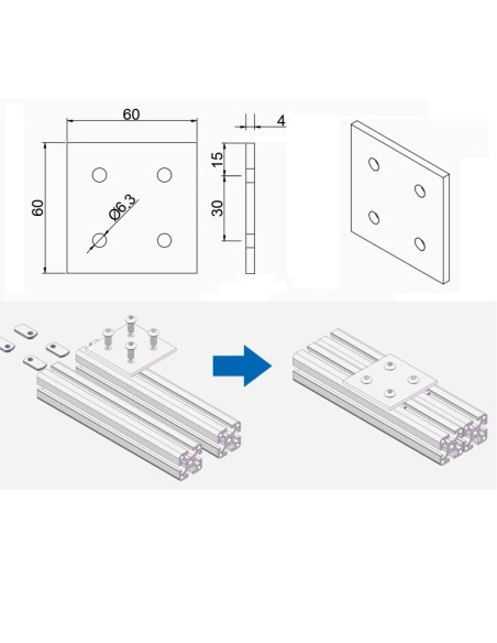 Placa de unión entre perfiles de la Serie 30 (3030, 3060, 3090, 6060)