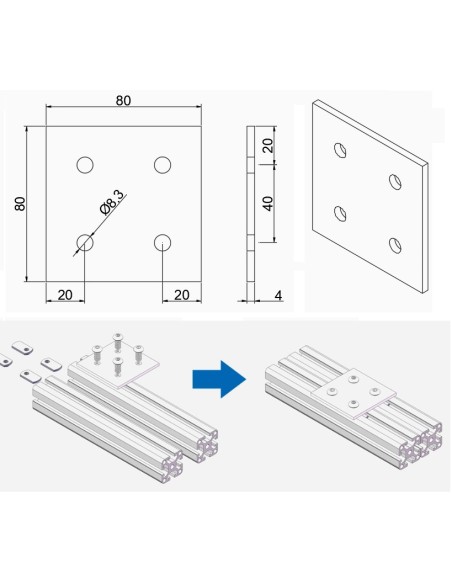 Placa de unión entre perfiles de la Serie 40 (4040, 4080, 40120, 8080)
