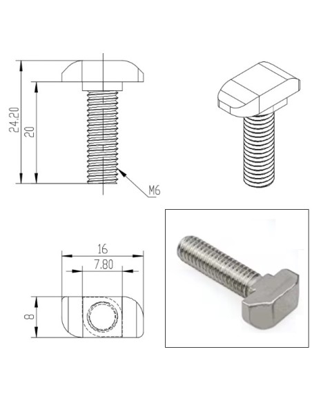 Tornillo martillo en acero cincado M6 M8 L20 L30 perfil aluminio modular