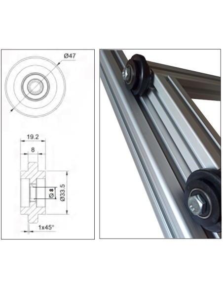 Rueda nylon con rodamiento para perfiles aluminio modular - ranura 8