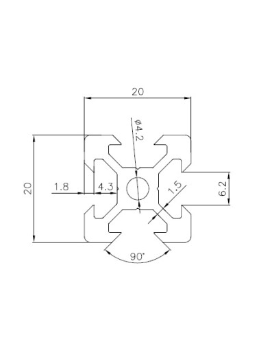 Perfil 2020V tipo VSLOT 6mm Aluminio 6063 T6 anodizado NEGRO