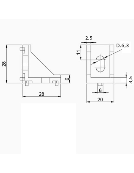 Escuadra 28x28x20 para perfil aluminio ranurado Serie 20 - 2020 2040