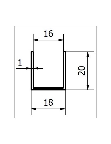 Perfil en U 18x20x1 (16mm interior) acabado en bruto - sin anodizar
