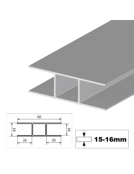 Perfil en H 60x19x1,5 (16mm interior) - Aluminio anodizado plata
