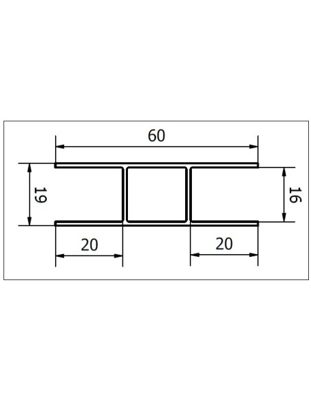 Perfil en H 60x19x1,5 (16mm interior) - Aluminio anodizado plata