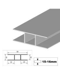 Perfil en H 60x19x1,5 (16mm interior) - Aluminio anodizado plata